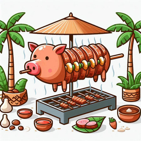 Illustration of a Pig Roasting on a Barbeque Grillのイラスト素材
