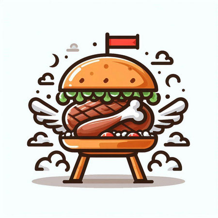 Vector illustration of cartoon hamburger with wings and flag on white background.のイラスト素材