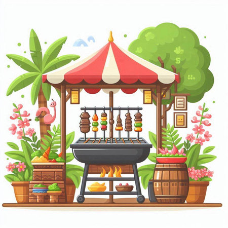 Barbeque grill in the garden. Vector illustration in cartoon styleのイラスト素材