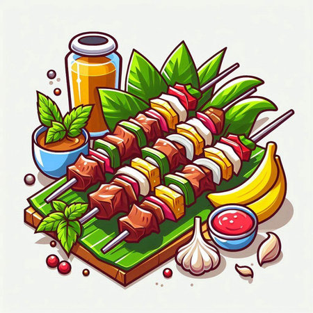 Illustration of shish kebab on skewers with spices and vegetablesのイラスト素材