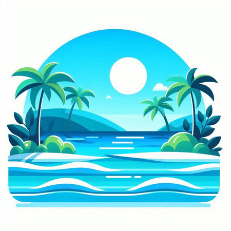 Tropical island with palm trees and sea. Vector illustration.のイラスト素材