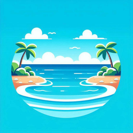 Beach in flat style. Vector illustration of island with palm trees and waves.のイラスト素材