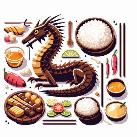 Chinese food and cuisine icons set. Chinese dragon, rice, chopsticks, fish, vegetables, fish, seafood, meat, fish, fish, fish.のイラスト素材