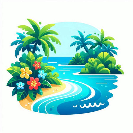 Tropical island with palm trees and flowers. Vector illustration.のイラスト素材