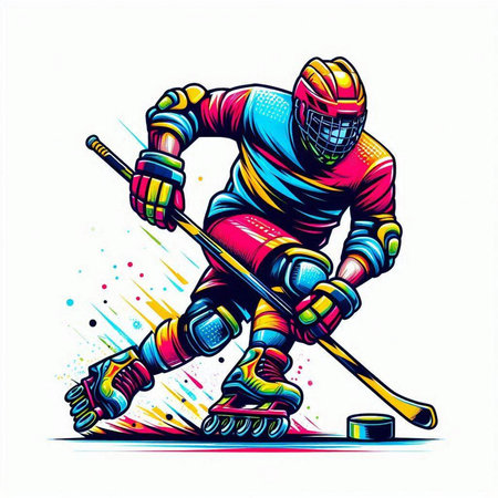 Hockey player with the stick and puck. Colorful vector illustration.のイラスト素材