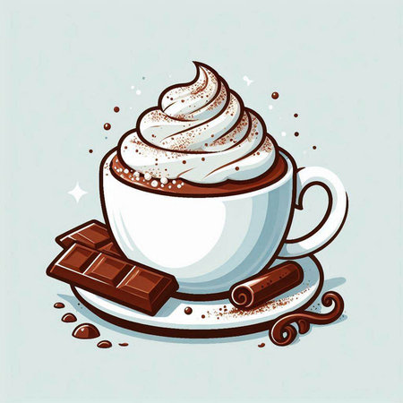 Cup of coffee with whipped cream and chocolate. Vector illustration.のイラスト素材