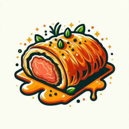 Vector illustration of a piece of bacon wrapped in a roll on a plate.のイラスト素材