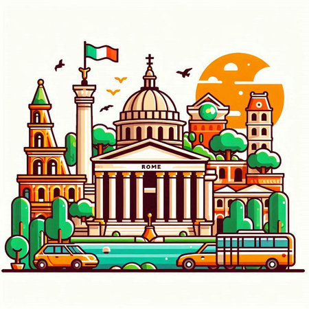 Rome Italy city skyline, vector illustration. Rome is the capital of Italy.のイラスト素材