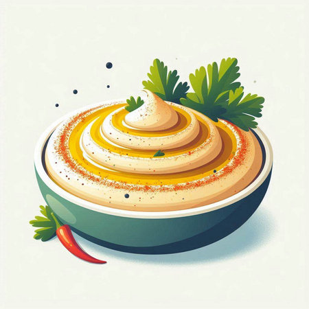 Bowl of hummus with paprika and parsley. Vector illustration.のイラスト素材