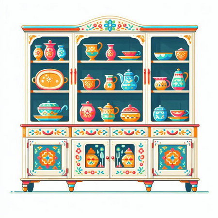 Cabinet with cups and saucers. Vector illustration.のイラスト素材