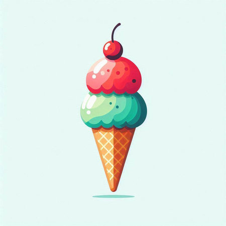 Ice cream in a waffle cone with cherry on top. Vector illustration.のイラスト素材