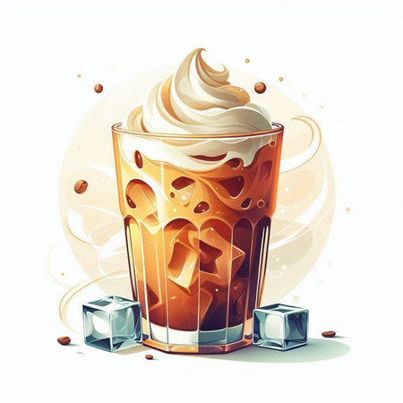 Iced coffee with whipped cream and ice cubes. Vector illustration.のイラスト素材