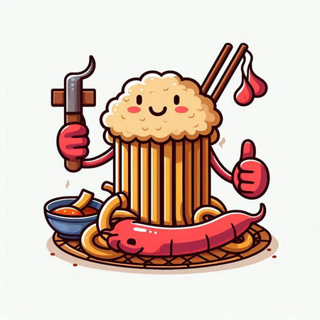 Vector illustration of hot dog cartoon character with chopsticks and sausagesのイラスト素材