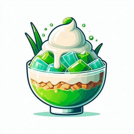 Illustration of a glass bowl with ice cream and mint leaves.のイラスト素材