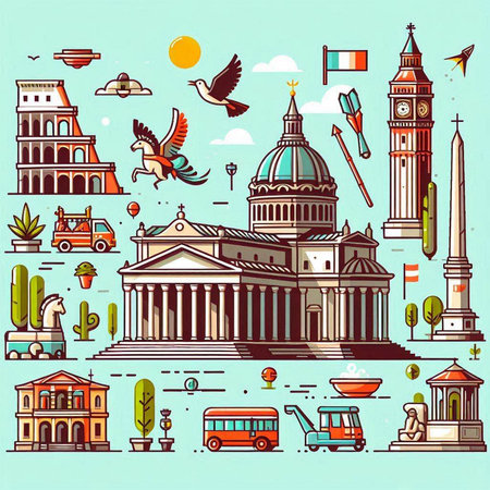 Travel to Italy. Vector illustration of famous landmarks and monuments of the world.のイラスト素材