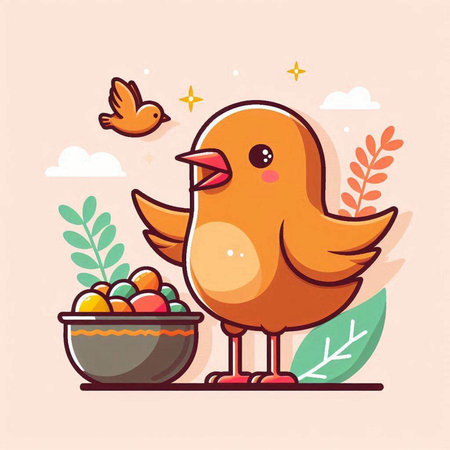 Cute little bird with a bowl of eggs. Vector illustration.のイラスト素材