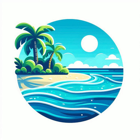 Tropical island with palm trees and sea waves. Vector illustration.のイラスト素材