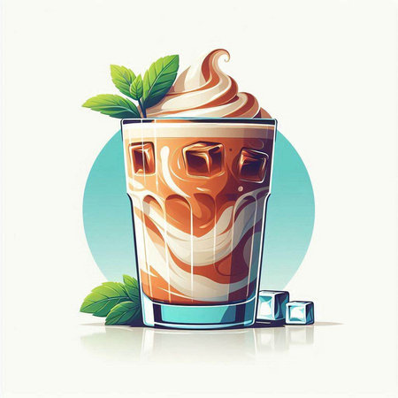 Ice coffee with whipped cream and fresh mint leaves, vector illustration.のイラスト素材