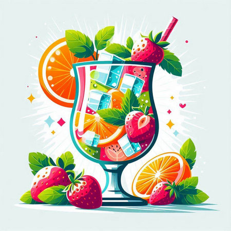 Cocktail with strawberries, oranges and mint. Vector illustration.のイラスト素材
