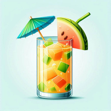 Cocktail with watermelon, pineapple and ice cubes. Vector illustration.のイラスト素材