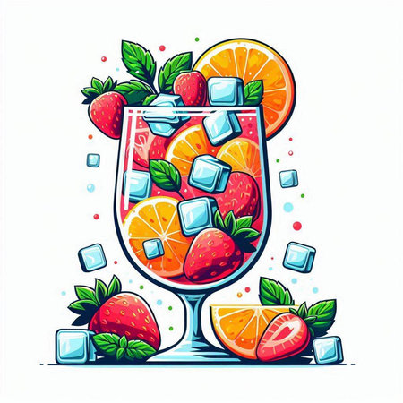 Cocktail with strawberries, oranges and ice cubes. Vector illustration.のイラスト素材