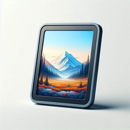 tablet pc with mountain landscape in the screen (3d render)のイラスト素材