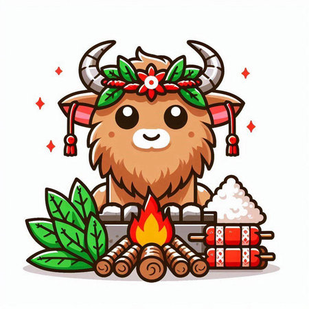Cute cartoon bull sitting on a campfire. Vector illustration.のイラスト素材