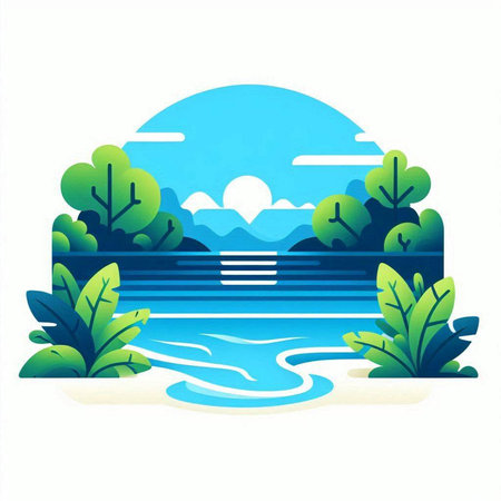 Landscape with lake and trees in flat style. Vector illustration.のイラスト素材