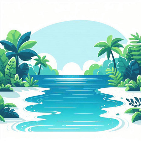 Tropical island with palm trees and sea. Vector illustration.のイラスト素材