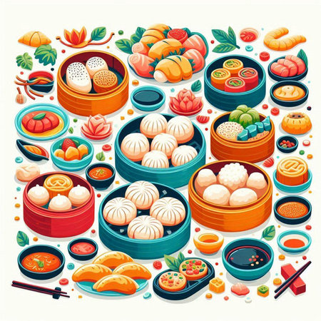 Chinese food set with steamed dumplings, chinese bun, dim sum, mochi, wokbokki, dumplings, dim sum, dim sum, tteokbokki. Vector illustrationのイラスト素材