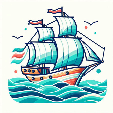 Sailing ship in the ocean, hand drawn vector illustration in cartoon style.のイラスト素材