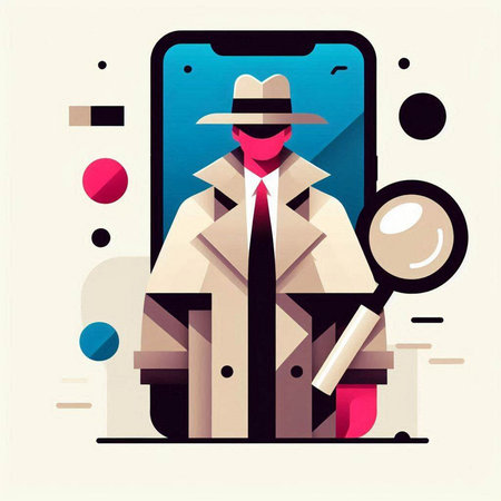 Flat design modern vector illustration concept of detective, detective with magnifying glass on smartphone screen.のイラスト素材