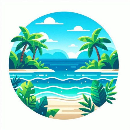 Tropical beach with palm trees and sea. Vector illustration.のイラスト素材