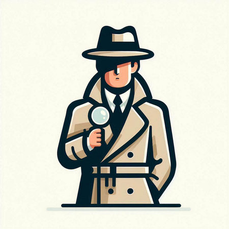 Detective with magnifying glass. Vector illustration in flat style.のイラスト素材