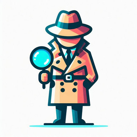 Cartoon detective in coat and hat with magnifying glass. Vector illustration.のイラスト素材