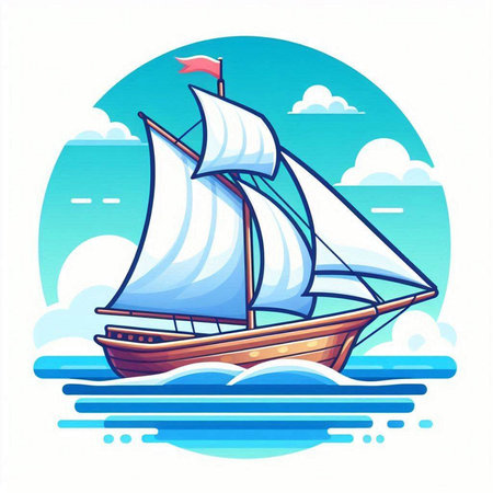 Sailing ship on the sea. Vector illustration. Cartoon style.のイラスト素材