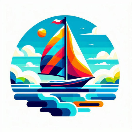 Sailing yacht in the sea. Colorful vector illustration in flat style.のイラスト素材