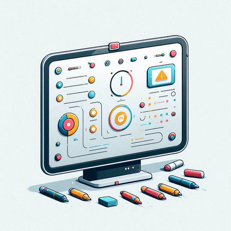 Computer screen with drawing and color pencils on white background. Vector illustration.のイラスト素材