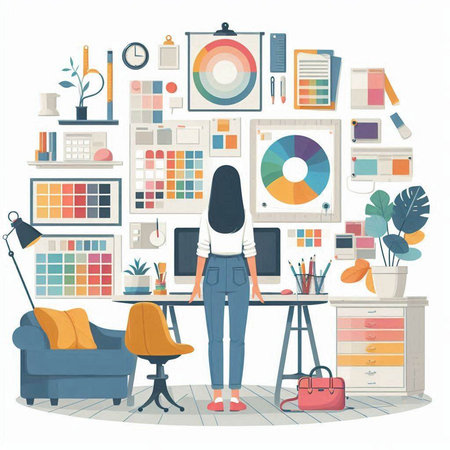 Vector illustration of a woman working at home. Freelance, remote work concept.のイラスト素材