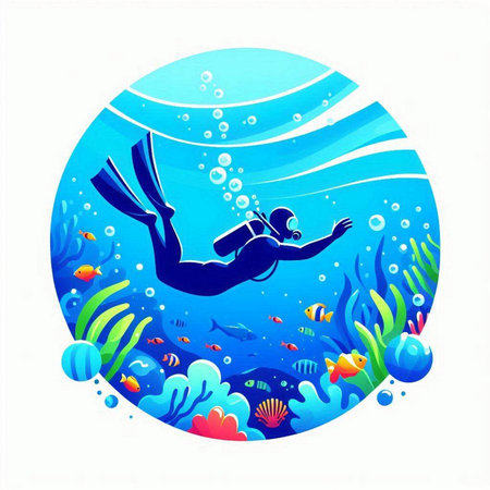 Illustration of a scuba diver swimming in the sea. Vector illustrationのイラスト素材