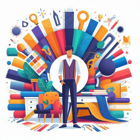 Vector illustration of a businessman standing in front of the office with a lot of objects.のイラスト素材