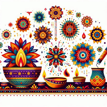 Happy Diwali festival colorful greeting card design with diya.のイラスト素材