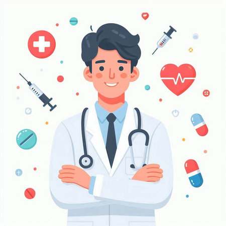 Doctor with stethoscope and syringe. Vector illustration in flat styleのイラスト素材
