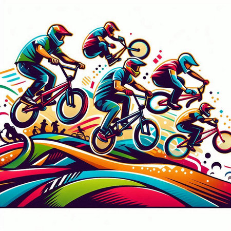 Bicyclists riding on the road. Colorful vector illustration.のイラスト素材