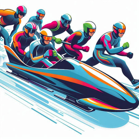 illustration of a group of people racing on a snowmobile.のイラスト素材