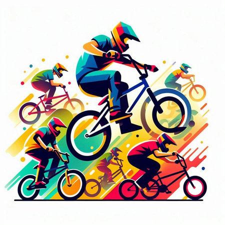 Silhouette of bikers on abstract colorful background. Vector illustration.のイラスト素材