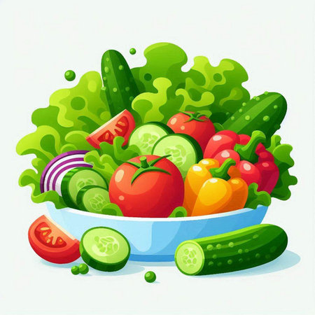 Fresh vegetables in a bowl. Vector illustration. Healthy food concept.のイラスト素材