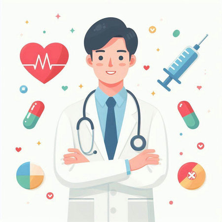 Male doctor with stethoscope and medical icons. Vector illustration.のイラスト素材