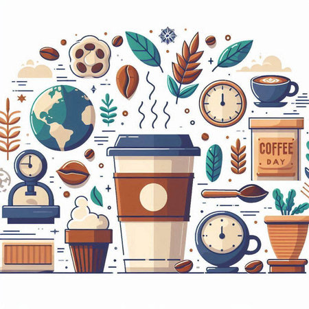 Coffee cup with coffee beans, coffee grinder, clock and other elements. Vector illustrationのイラスト素材