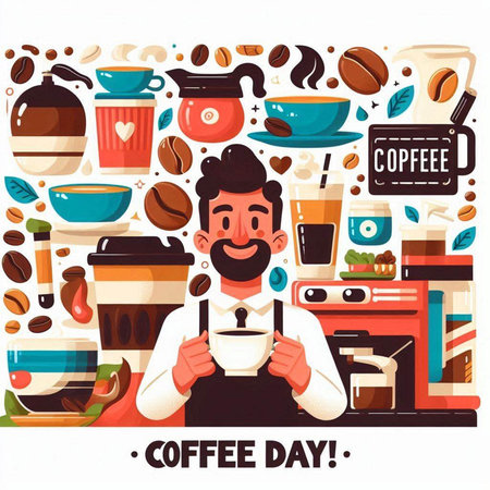 Coffee day banner with coffee shop elements. Vector illustration.のイラスト素材